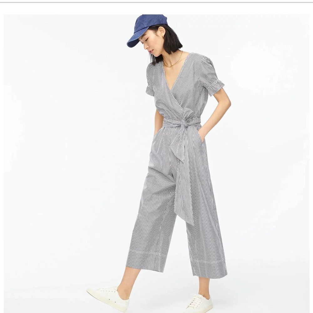 J.Crew Gray/White Striped Wide Leg Jumpsuit Wrap Bodice Tie Waist Size 6